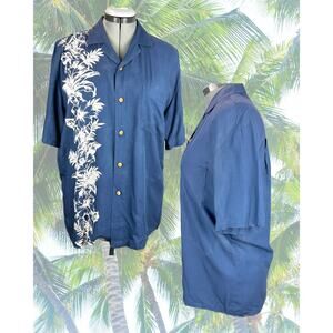 Vintage 80s Paradise Found Blue White Ferns Hibiscus Hawaiian Shirt Size M